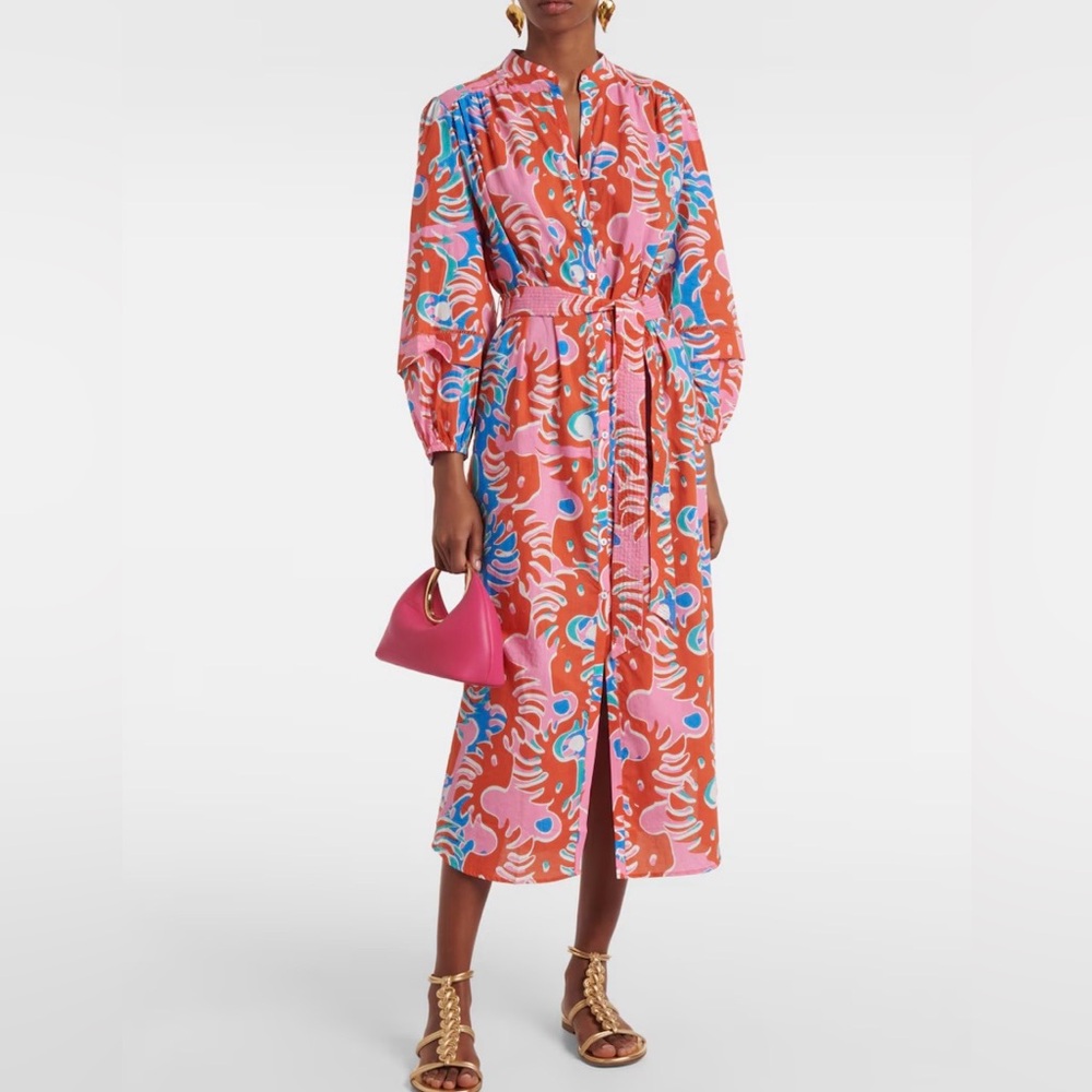 Poupette St. Barth Coral, Pink & Blue Printed Midi Dress